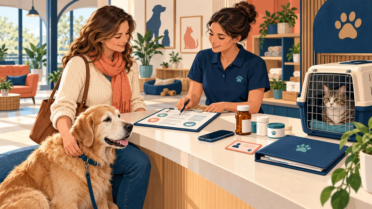 Propietaria y cuidadora revisan la medicación y el plan de salud de una mascota en recepción