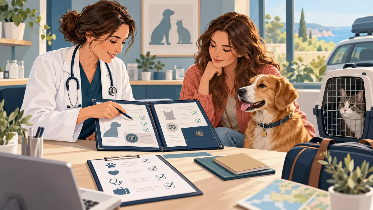 Veterinarian and owner reviewing dog and cat health documents before boarding