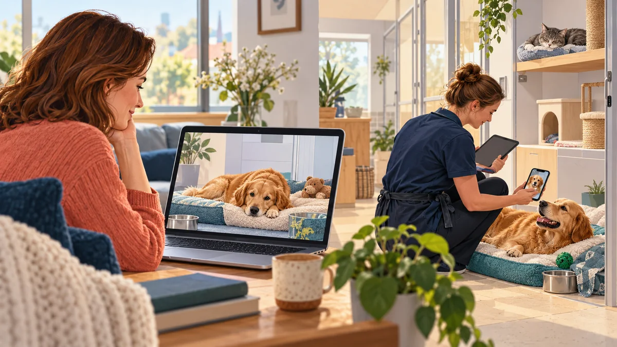 Owner viewing a boarding webcam while a caregiver records observations and prepares an update