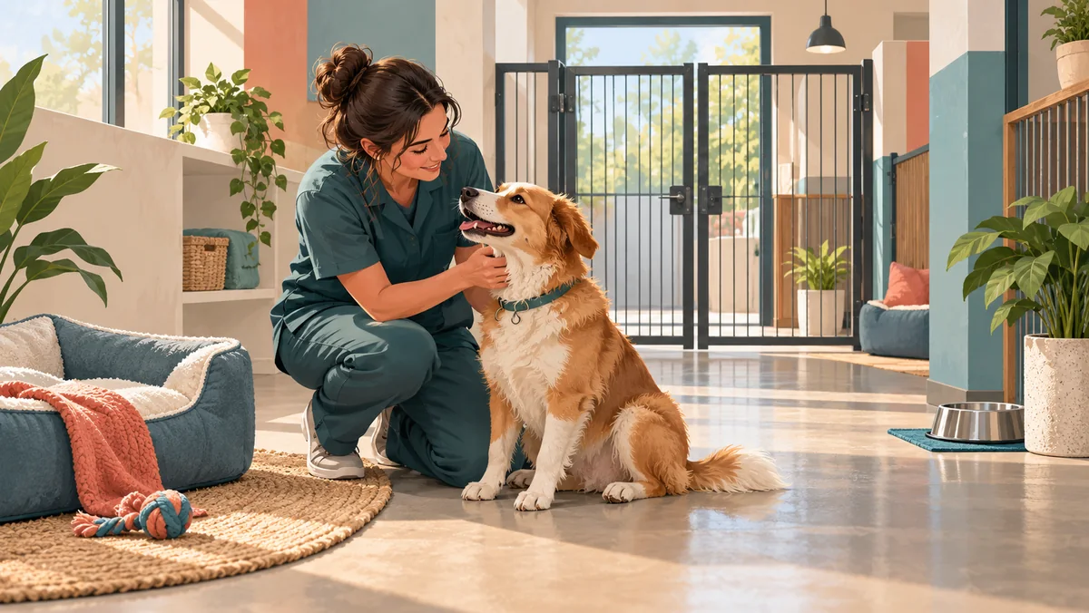 Caregiver welcoming a calm dog in boarding accommodation with secure access and a resting area