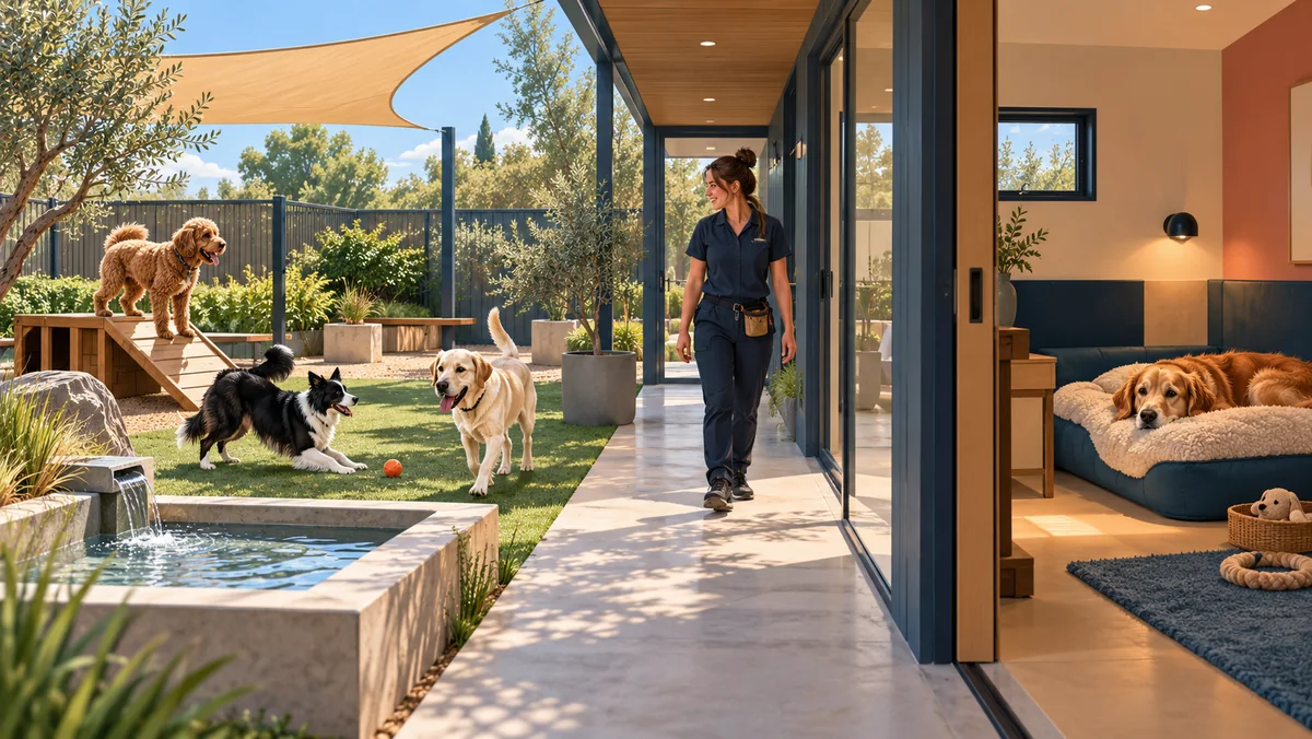 Supervised dogs in day care beside an individual room prepared for overnight boarding