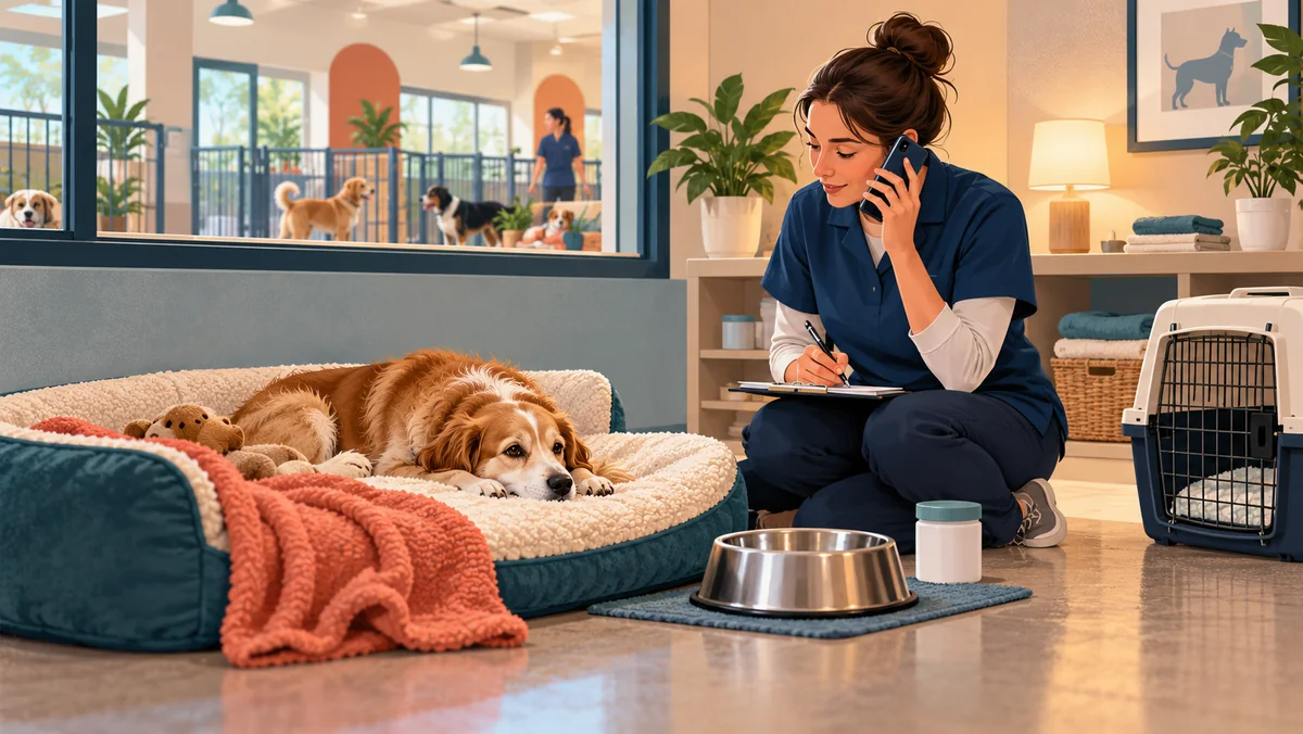 Caregiver observing a resting dog in a separate room while calling a veterinarian