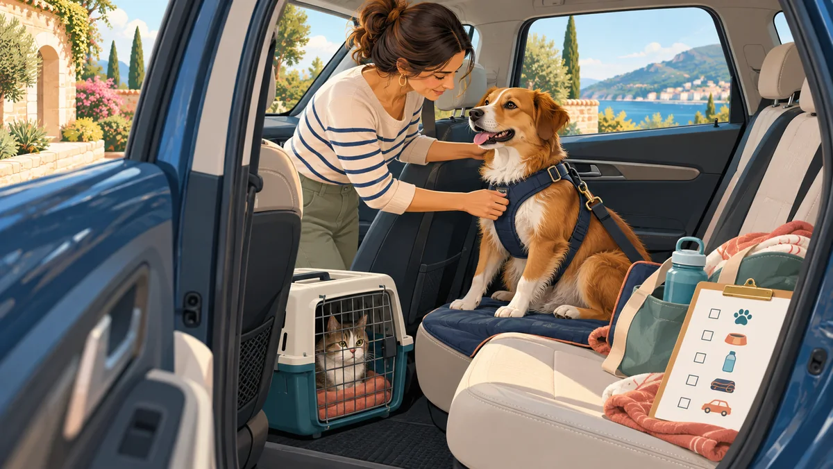 Perro sujeto con arnés de coche y gato en un transportín cerrado preparados para viajar a una residencia